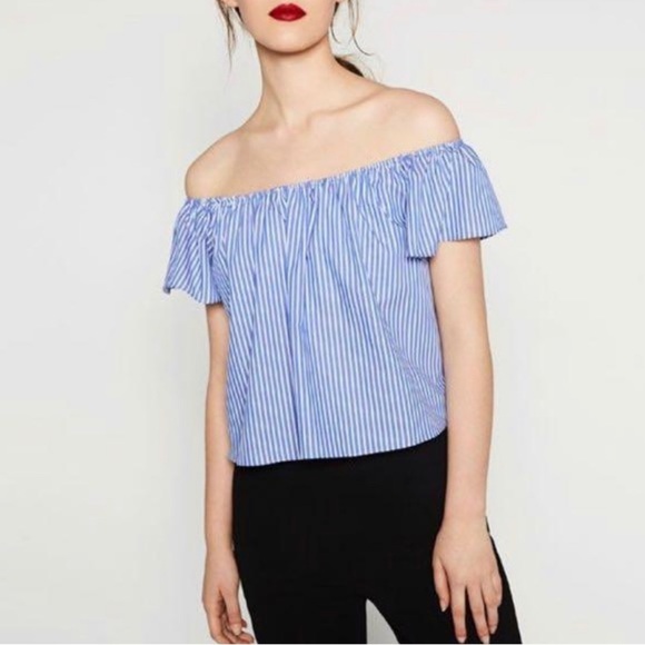 ZARA Basics Blue and White Stripe off the Shoulder Blouse Size Medium - Picture 1 of 6